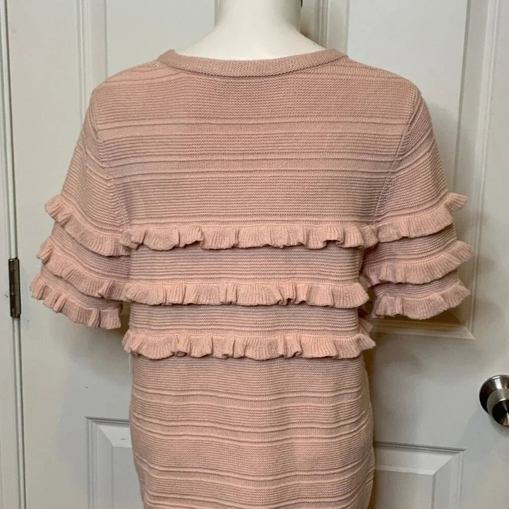 Kate Spade Pale Pink Ruffle Striped Short Sleeve Sweater, Size M